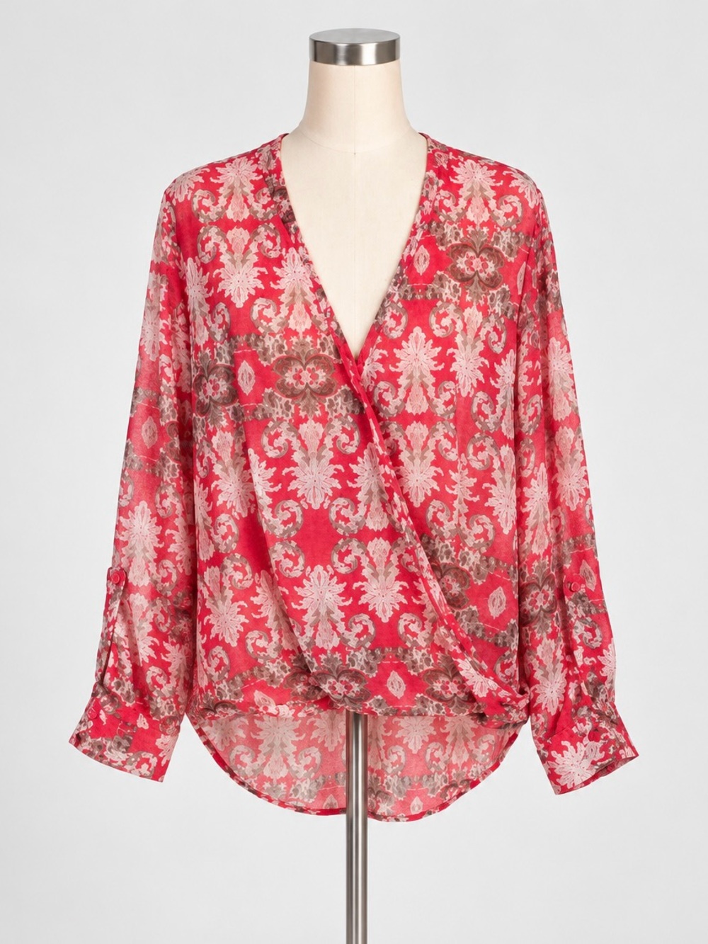 Panhandle Baroque Paisley Chiffon Faux Wrap Blouse Red Women’s L XL